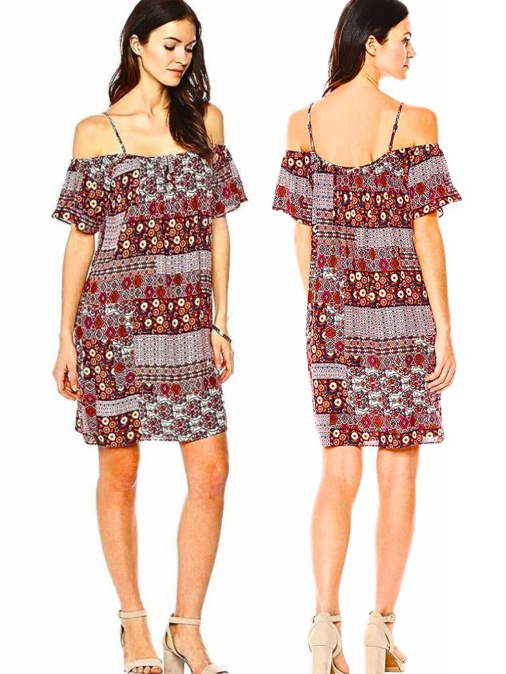 Ella Moon Women's Boho Vibe Cold Shoulder Smocked Dress Patchwork NEW NWT MED